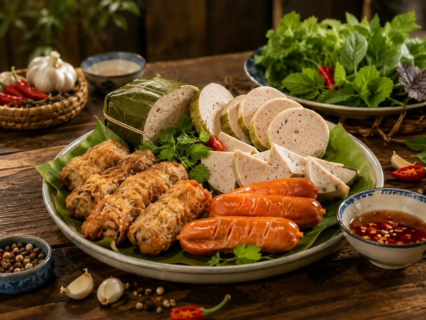 Mẹt món Việt gồm giò chả, xúc xích, món chiên, rau thơm và nước chấm