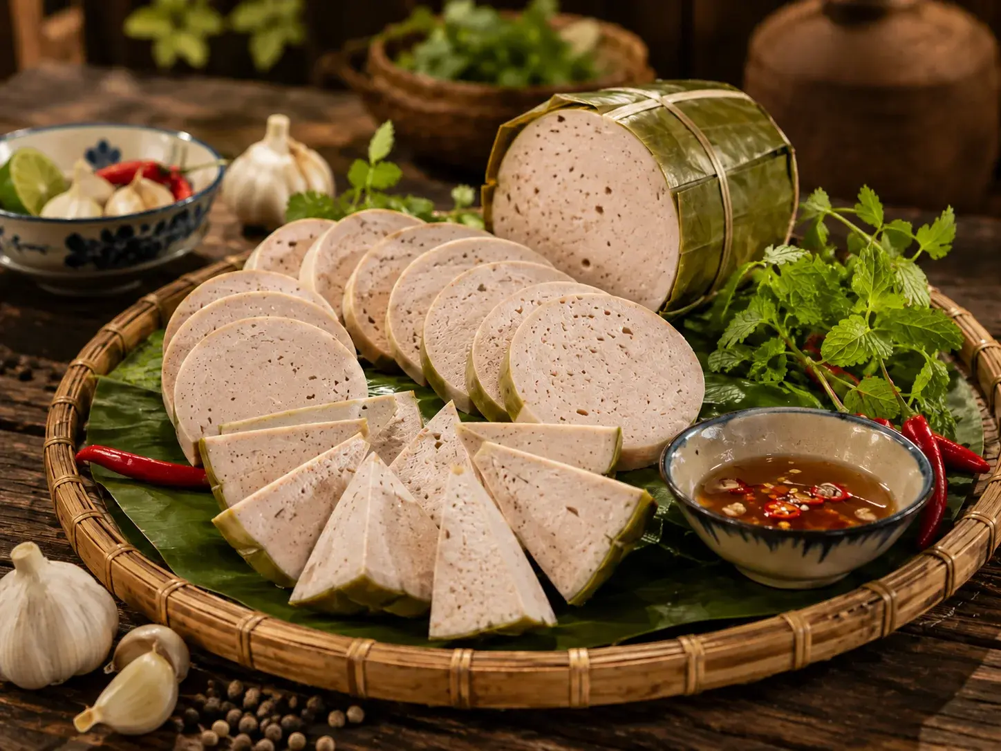 Giò chả thái lát bày trên mẹt tre cùng rau thơm và nước chấm